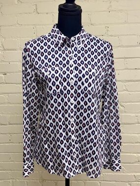 Women's Foxcroft White Blouse with Navy, Pink, Orange Geometric Print, Size: 10P